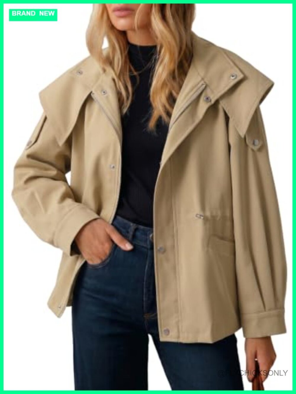 Women's Zip Hooded Trench Coat Drawstring Waist Casual Jacket